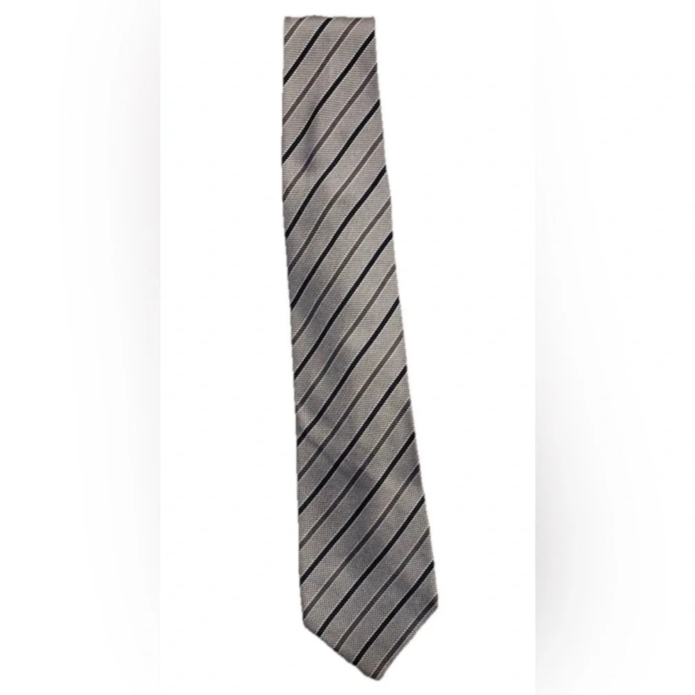 Trussini 100% Silk Necktie Gray Black Diagonal Stripe Made in Italy